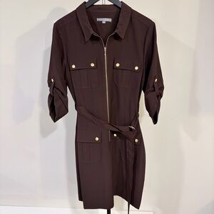Sharagano Elegant Dark Brown Utility Zip Front Shirt Dress Gold Buttons Size  14